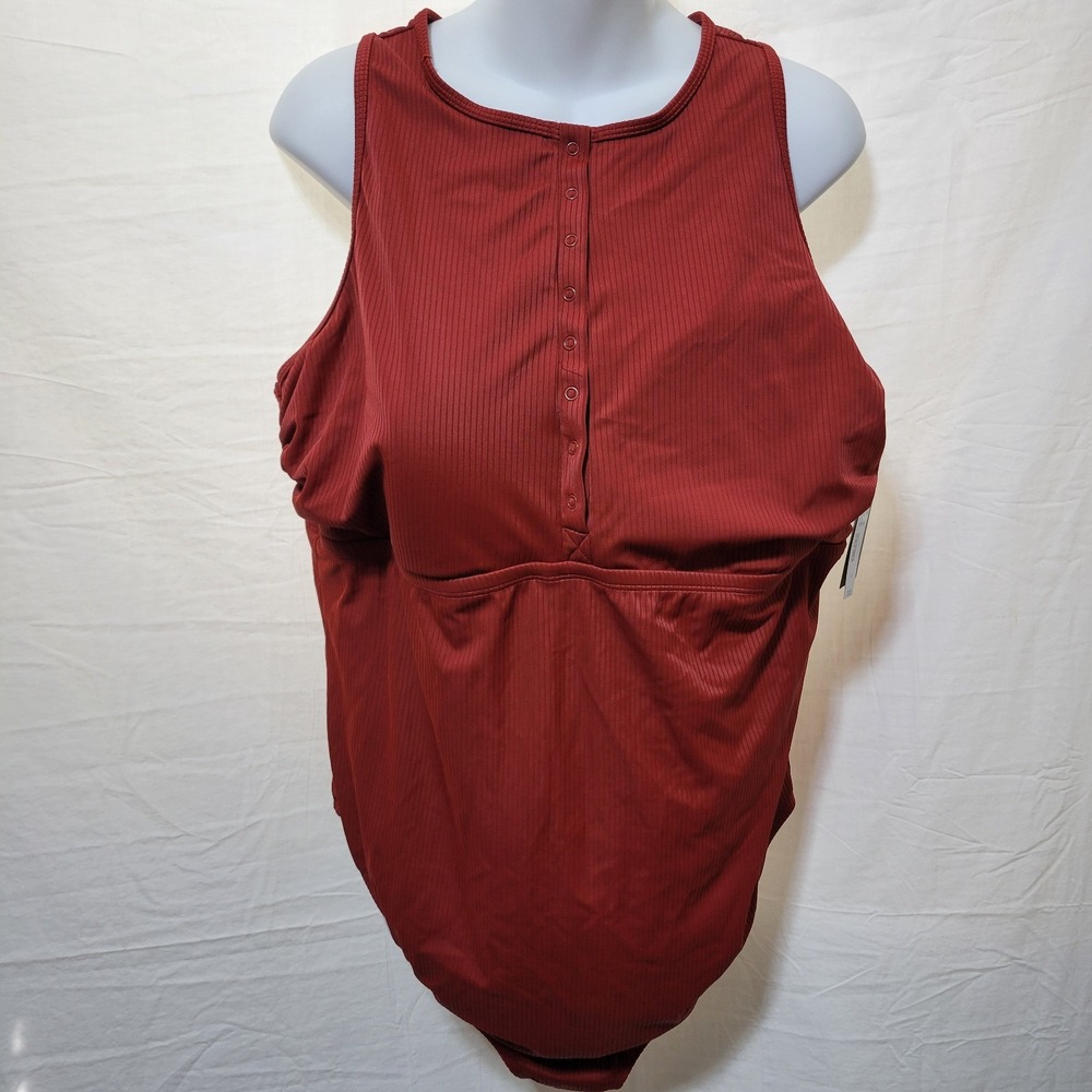 Torrid Plus Size 3 Wireless High Neck Henley One Piece Swimsuit Paprika Red NWT